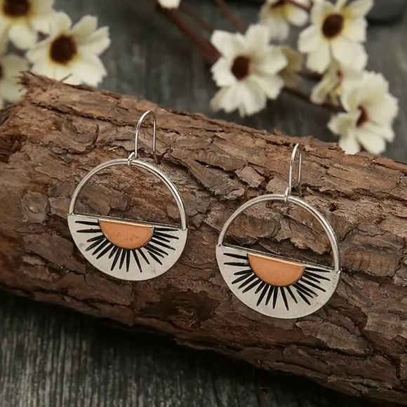 Bohemian Semicircle Shape Sun Pattern Dangle Earrings| Unique Boho Gift For Her - Picture 2 of 5